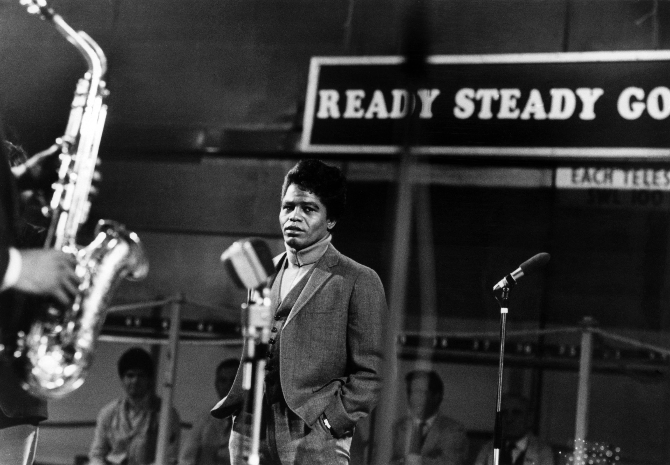 James Brown performs on the British TV show <i>Ready Steady Go!</i> at Wembley Studios, 1966. Photo via Echoes/Redferns.